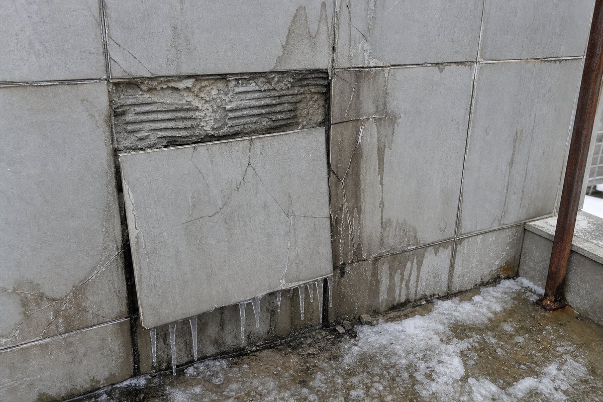 Freeze-thaw failure chain in exterior tiling water ingress causing freeze-thaw damage in exterior tile installation