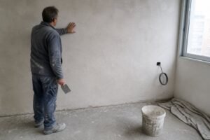 Plasterer inspecting fine cracks on an HPMC-modified gypsum plaster wall