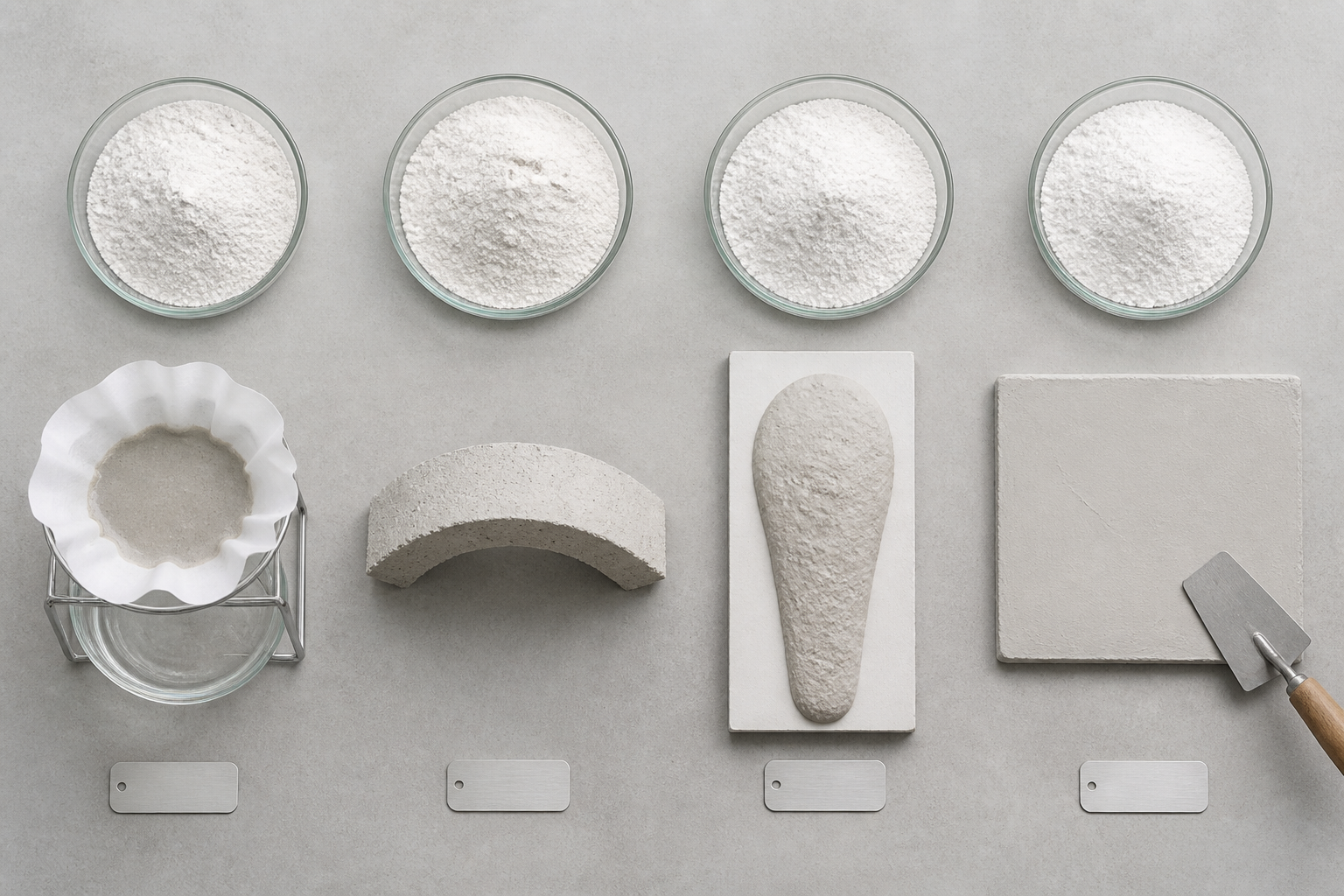 Dry-mix mortar additive functions shown with white fine-powder samples and laboratory tests