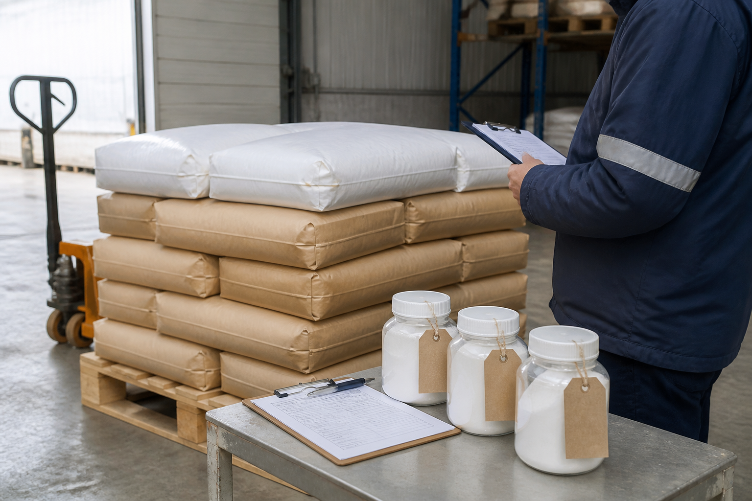 Warehouse receiving check for a controlled first bulk order of mortar additives