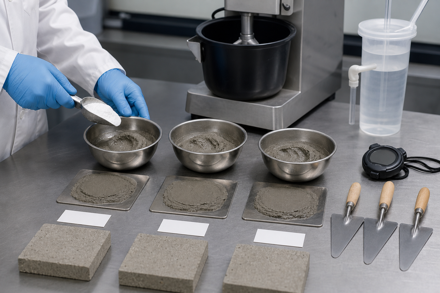 Controlled sample trials comparing white fine-powder additives in mortar formulations