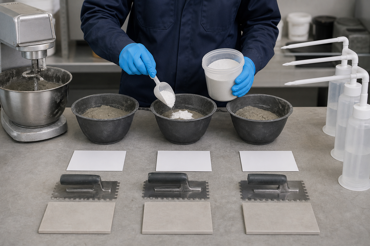 Pilot batching and tile adhesive quality-control testing