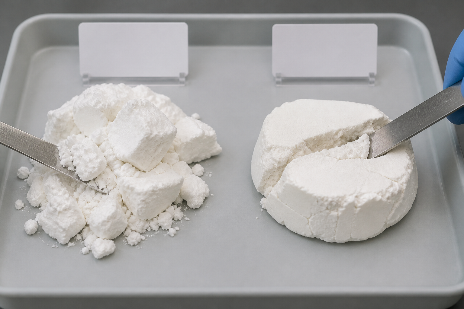 Comparison of soft RDP agglomeration and hard powder caking