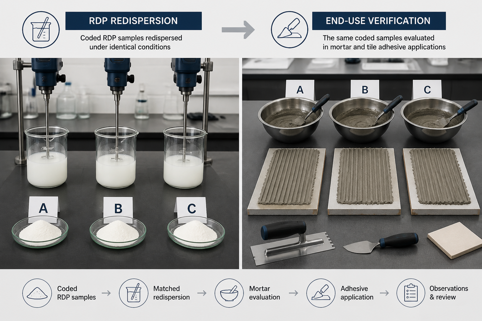 RDP redispersion check and end-use mortar application trial