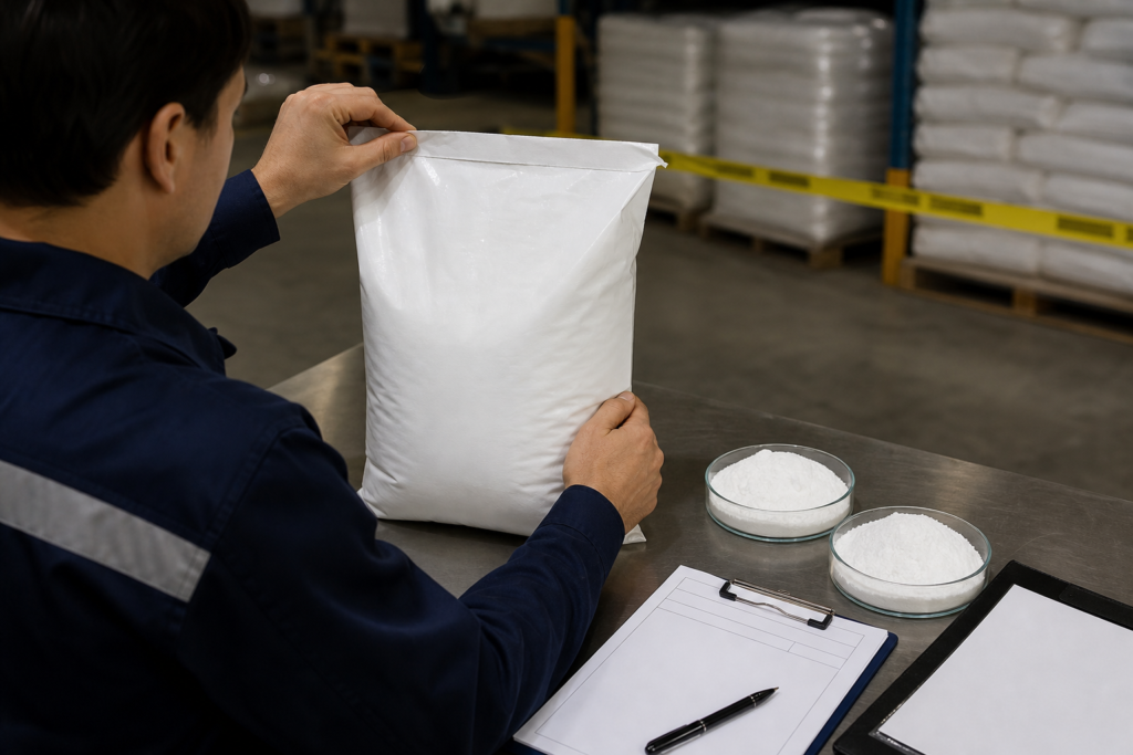 Warehouse QC review of RDP powder caking in a labeled bag