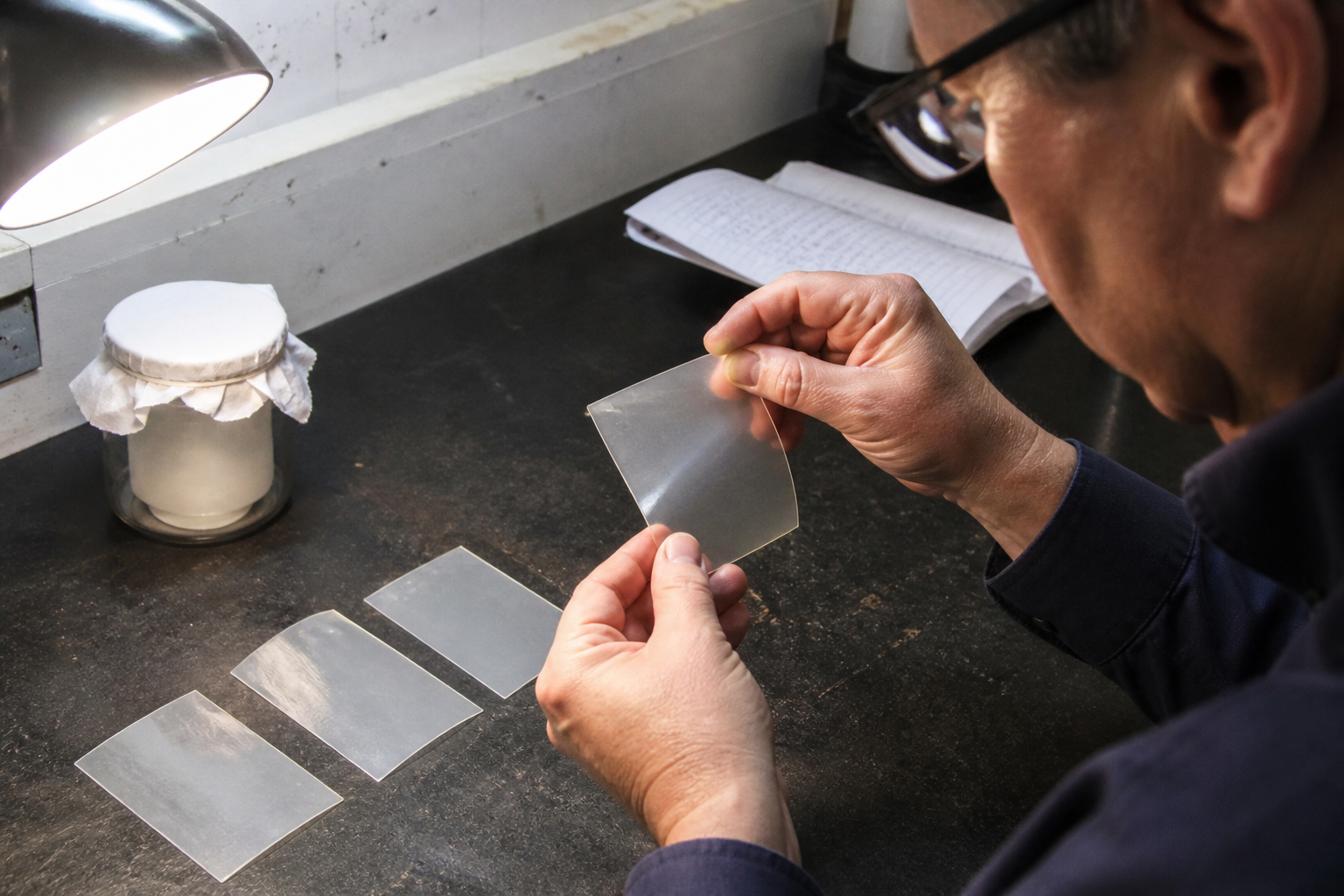 Laboratory technician comparing dried polymer films from coded RDP samples