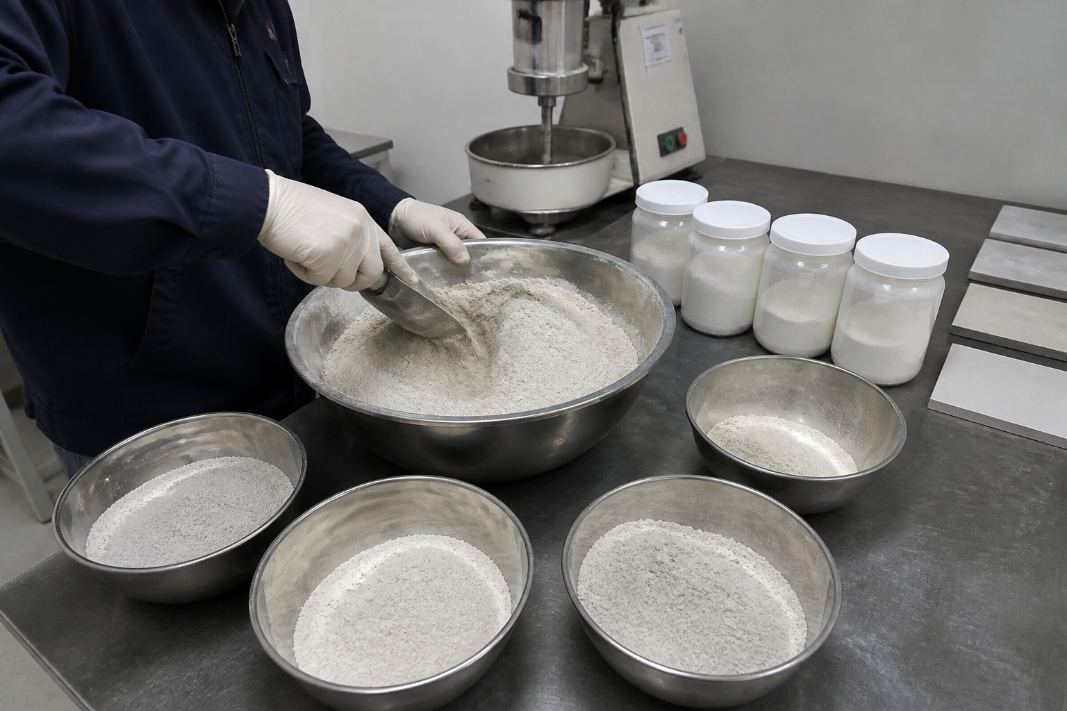 Technician mixing coded RDP candidates into matching dry-mix mortar batches
