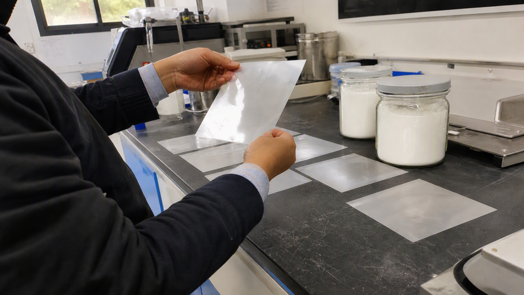 Procurement specialist inspecting coded RDP film samples in a materials laboratory