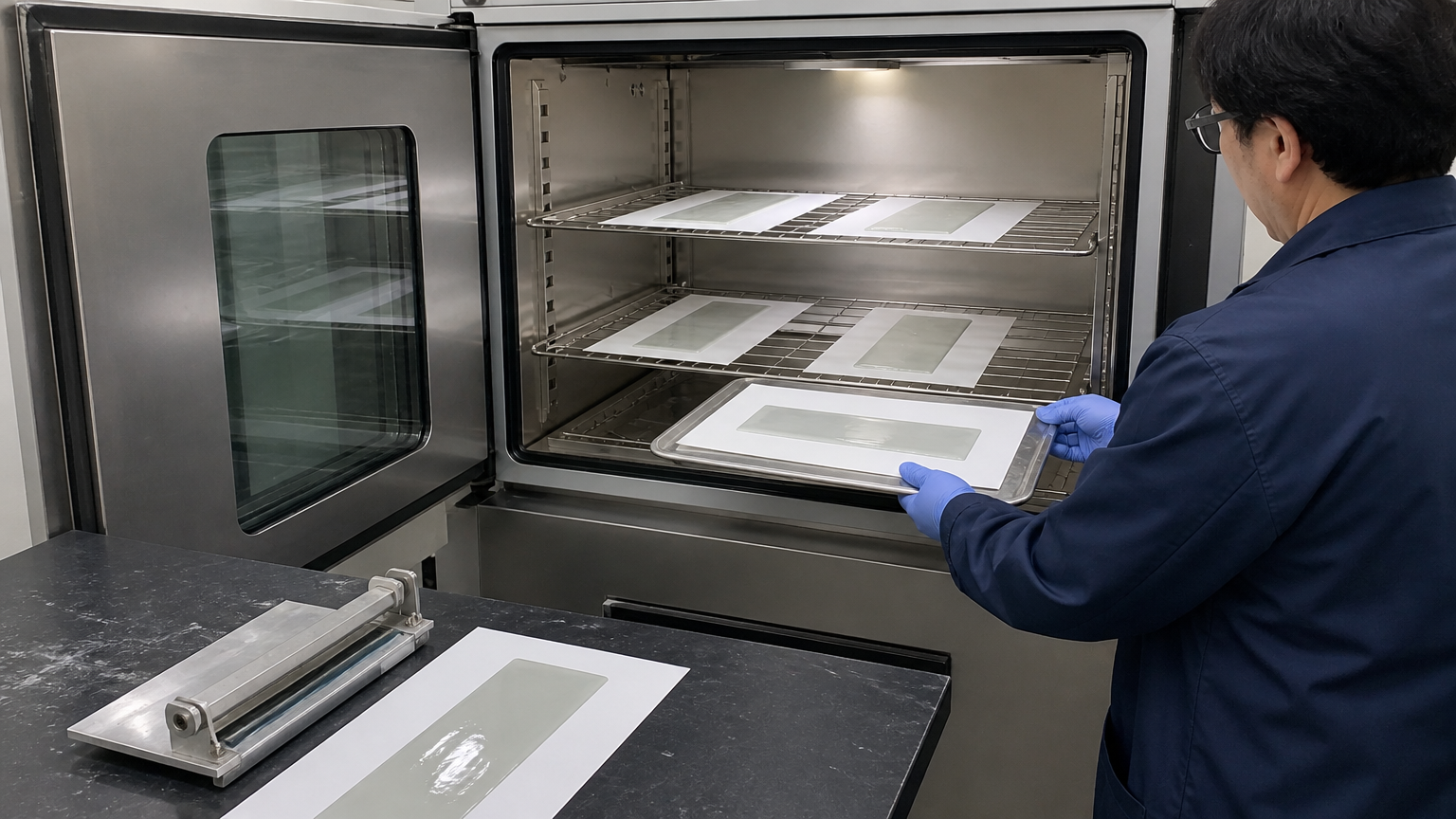 Fresh polymer films drying on identical substrates inside a controlled laboratory chamber