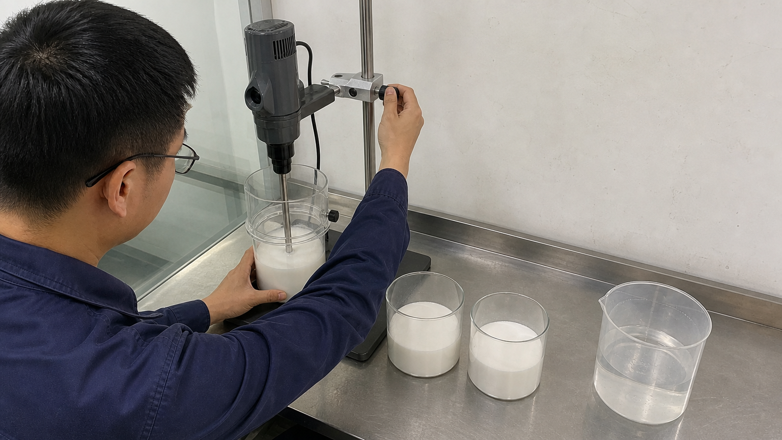 Technician preparing white and off-white ultrafine RDP powders in matching vessels