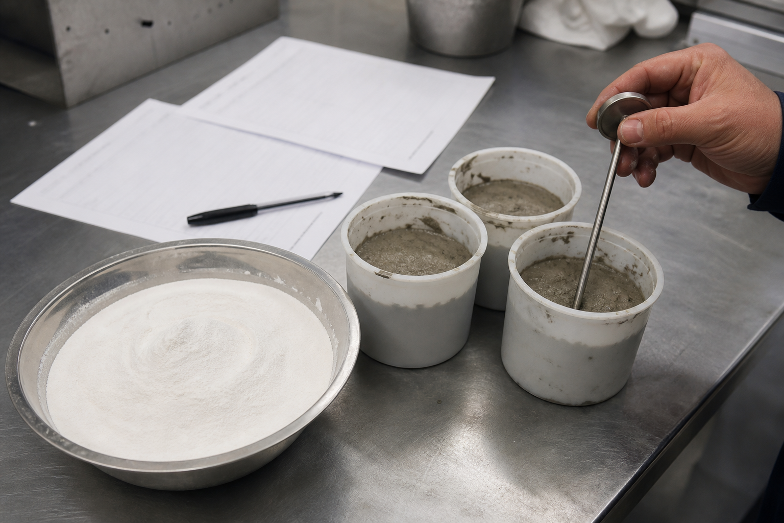 Phone close-up of white ultrafine HPMC powder beside fresh mortar cups, a thermometer, and handwritten batch-condition notes
