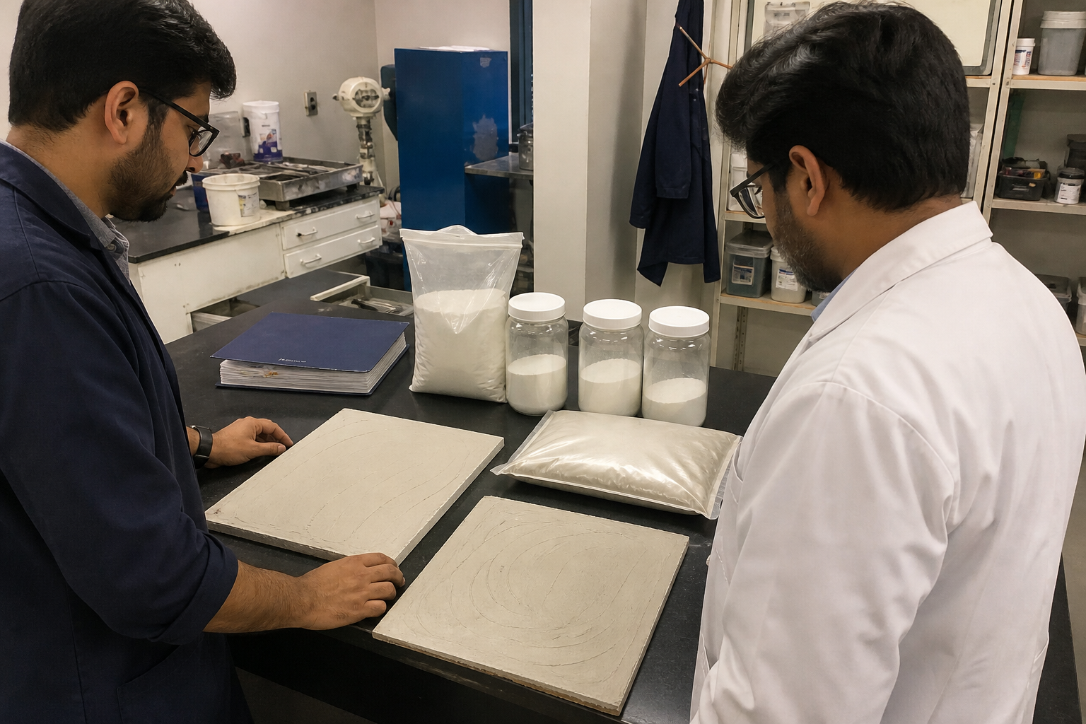 Phone documentary photo of coded mortar trial panels, retained white ultrafine HPMC sample jars, batch records, and a supplier change-control checklist
