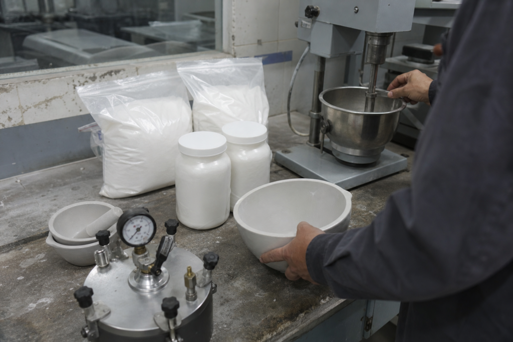 Phone photo of a mortar laboratory bench with sealed HPMC sample bags of white ultrafine powder, a mixer, and an air-content vessel