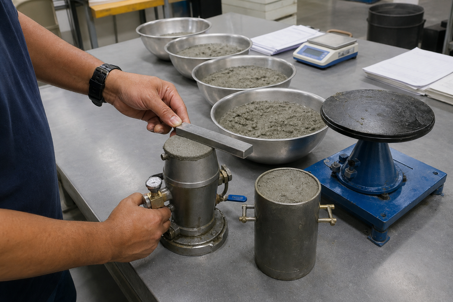 Phone photo of a technician filling a mortar air-content measure beside a density container and flow table with coded fresh-mortar samples