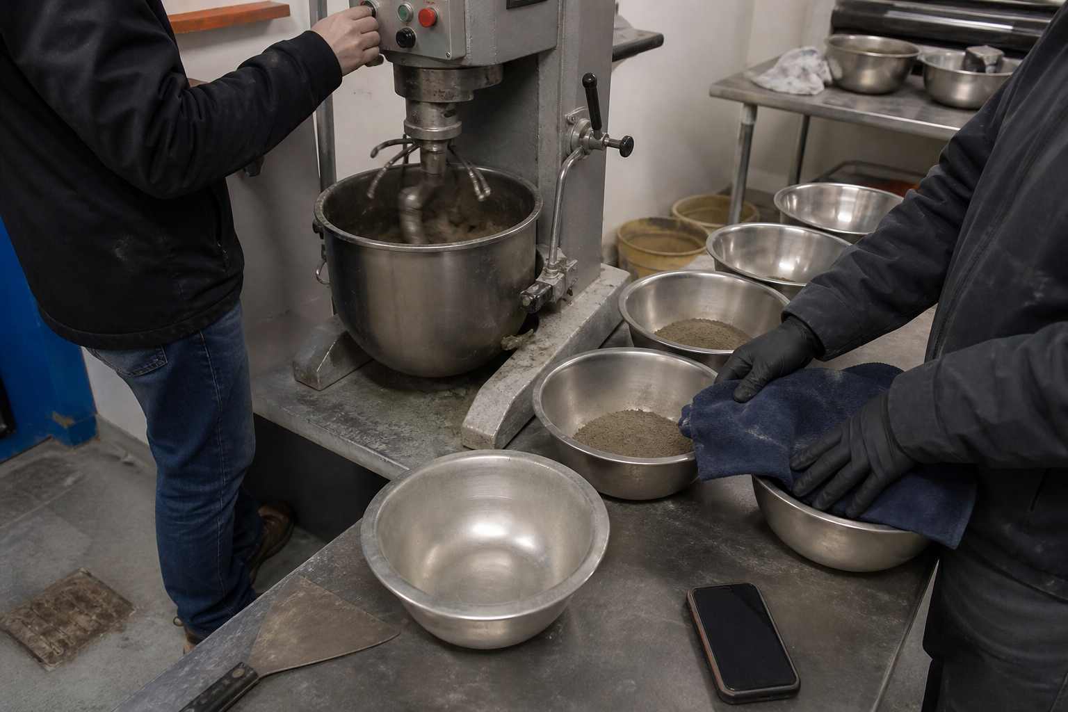 Phone documentary image of the same mortar mixer, paddle, stopwatch screen, scraper, and labeled bowls used for coded HPMC batches