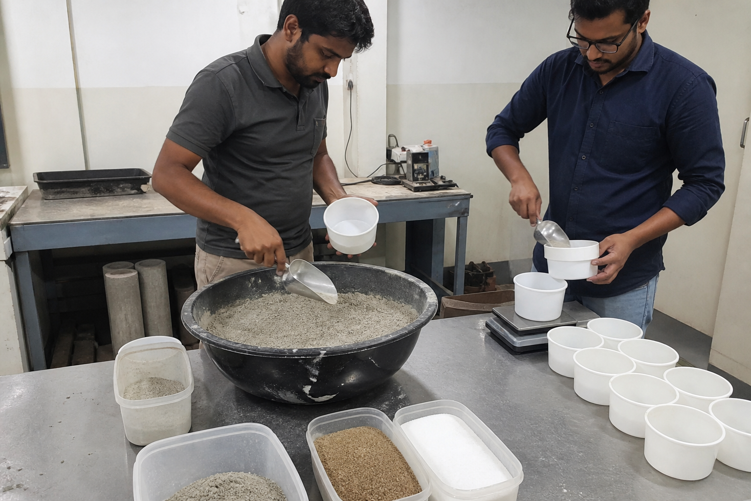 Phone photo of technicians weighing cement, graded sand, and white ultrafine HPMC powder into labeled containers from one common master blend